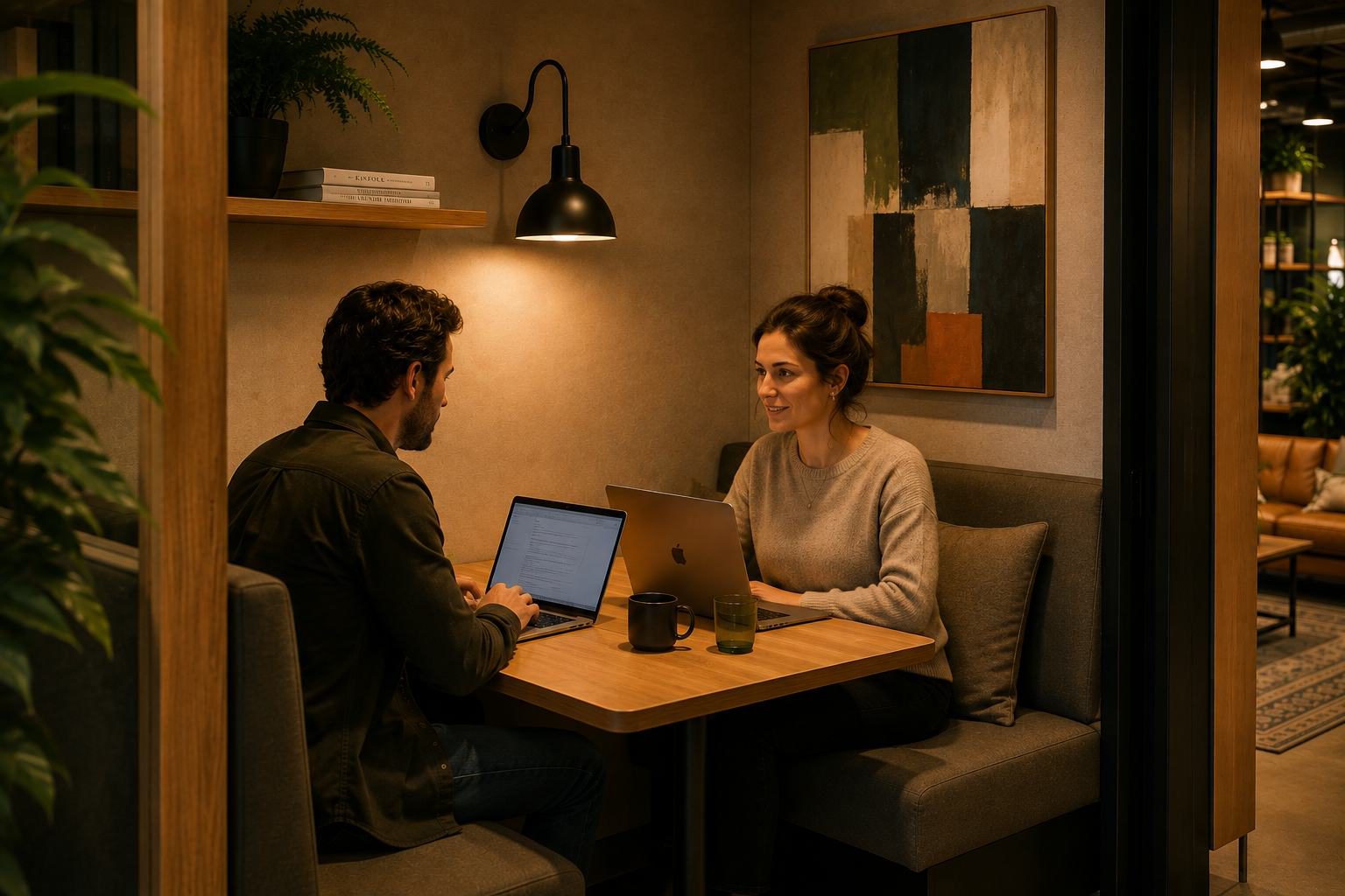 A quiet booth with warm lamplight