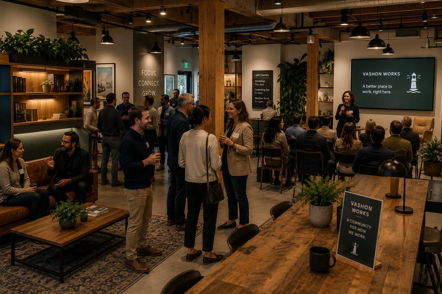 People working around a shared commons